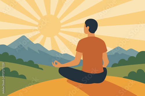 Abstract meditating distance illustration hill sun person mountains meditative hillscape simple vector