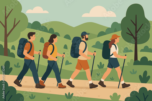 Friends around adventure illustration them group hills vector hiking trees nature