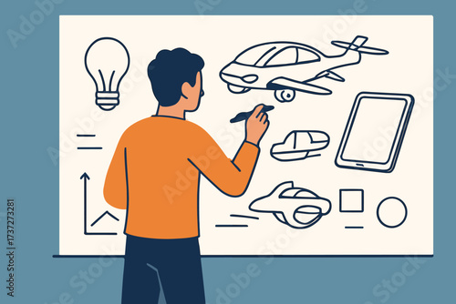 Illustration sketching futuristic person charts drawn vector product whiteboard ideas large