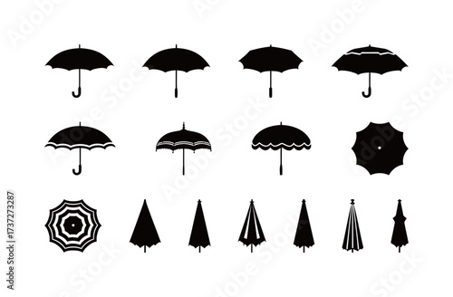 Umbrella Silhouettes Set. Vector Black Collection of Rain, Sun, and Parasol Icons in Different Shapes.