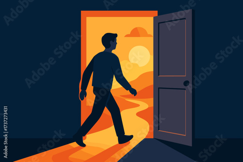 Vector landscape person adventures into illustration open adventure abstract crossing stepping glowing