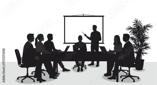 Business team presentation in a conference room silhouette illustration style