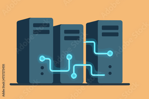 Glowing vector servers illustration connected abstract together linking side lines simple group
