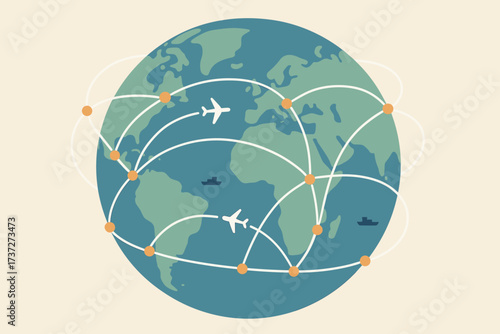 Minimal vector simple continents ships dots connection airplanes globe global connecting arcs