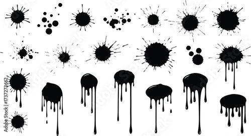 Ink Splatters Set on White Background Abstract Black Spots, Dripping Paint Elements