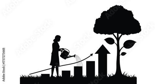 A woman nurturing a growing tree with financial growth shown nearby