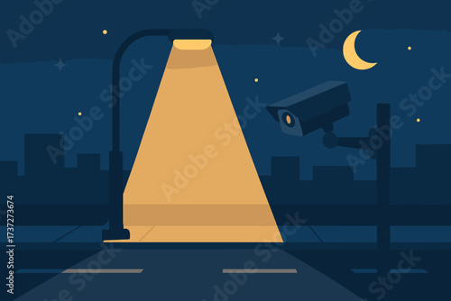 Vector night streetlight while road scene monitors empty watch illustration glowing security