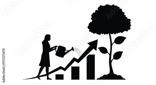 Woman nurturing a growing tree over a financial growth chart
