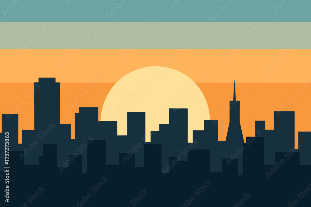 Naklejka premium City large blocks sun over clean rising color vector sunrise illustration into