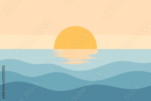 Illustration sunrise sun calm ocean tones waves layered pastel vector above over