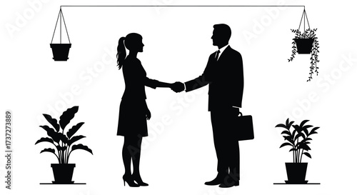 Business deal agreement between a man and woman with flourishing plants