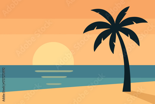 Illustration over tree vector one sea beach sun palm scene sunrise minimalist