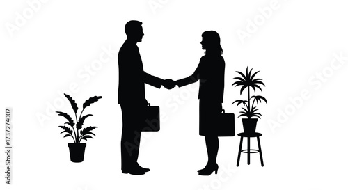Silhouette of a business handshake with plants and a small stool