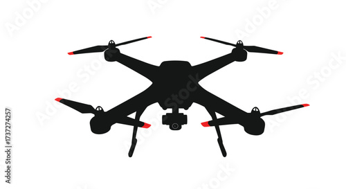 A sleek black drone with a camera viewed from directly underneath
