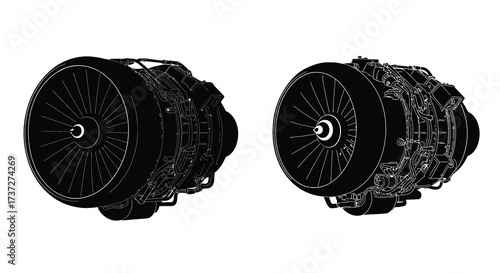 Detailed illustration of two jet engines showcasing internal components