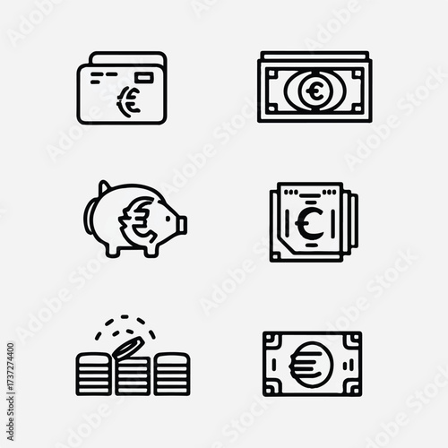 Euro currency financial icons set representing different monetary and saving concepts and wealth management strategies