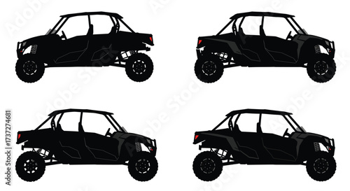 Four black silhouette images of off road vehicles on a white background