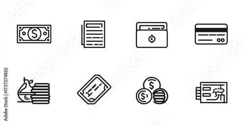 Financial and banking outline icons set representing various payment methods and financial documents
