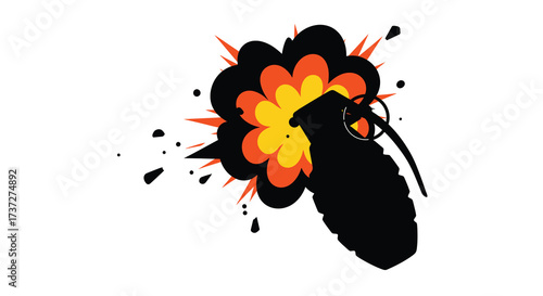Stylized illustration of a hand grenade exploding with bright orange and yellow flames