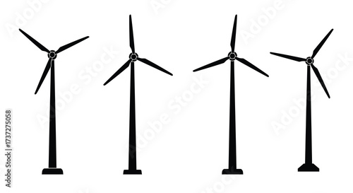 Simple black silhouette illustration of four modern wind turbines against white