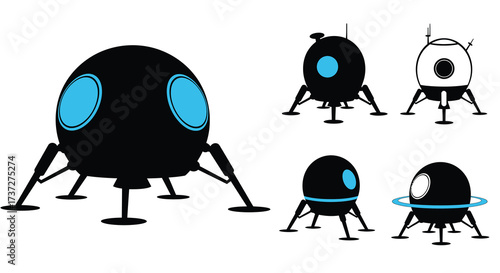 Stylized depictions of spaceships with rounded bodies and landing legs