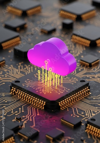 Cloud Computing Concept ,  Glowing Purple Cloud Over Tech Circuitry for IT, Digital Transformation & Cybersecurity Marketing