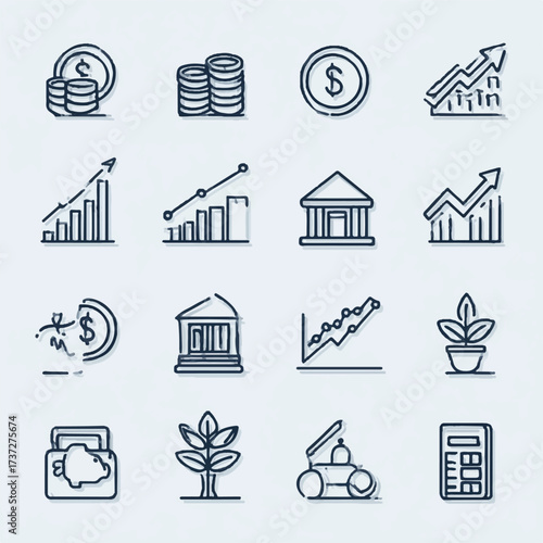 Financial growth and investment icon set showing various aspects of wealth management and economic success