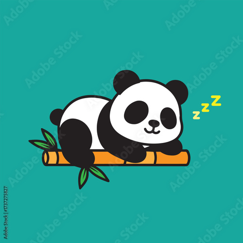 Vector colorful illustration showing adorable panda asleep on bamboo branch, cute design highlighting playful wildlife character and peaceful charming animal artwork.