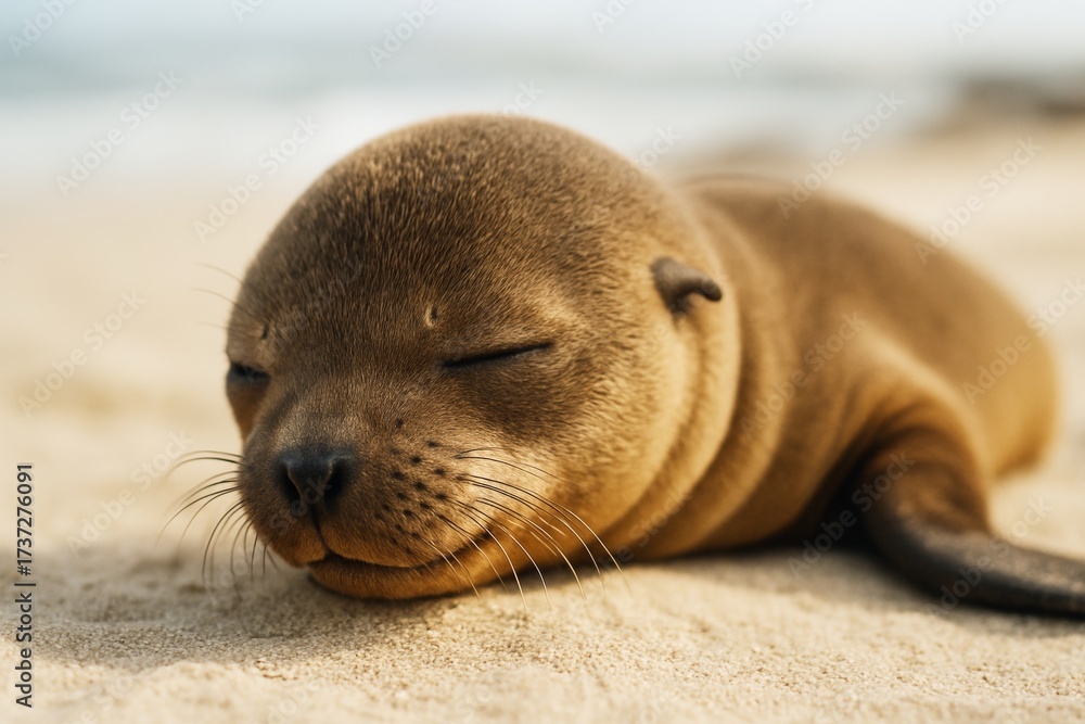 Fototapeta premium Close-up of a baby sea lion peacefully sleeping on sandy beach under soft natural light, showcasing concept of wildlife innocence and calmness. Ai generative