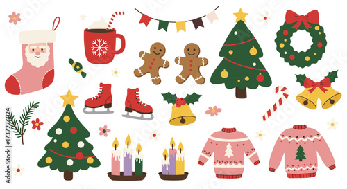 Collection of festive christmas icons including a stocking gingerbread men and a sweater