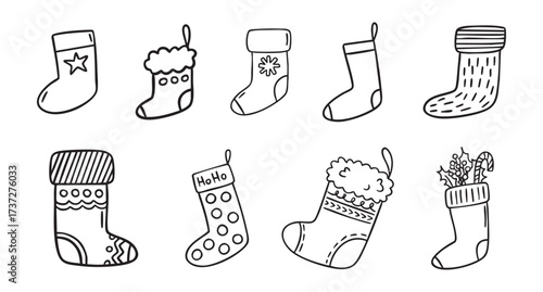 Christmas stockings line art clipart set with festive socks for gifts and fireplace hanging, monochrome holiday collection, hand drawn.