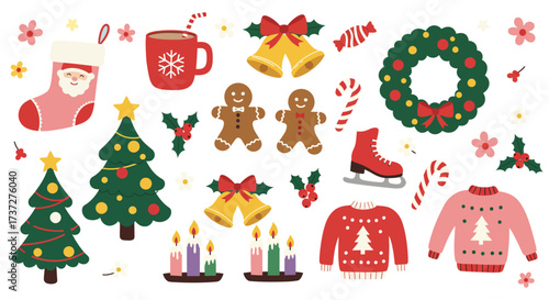 Collection of festive christmas icons including a stocking gingerbread men and a sweater