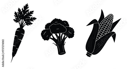 Black and white illustration displaying a carrot broccoli and corn on the cob