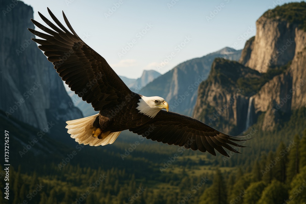 Fototapeta premium Majestic bald eagle soaring through mountain valley in natural light with scenic forest and cliff background in creative wildlife concept. Ai generative