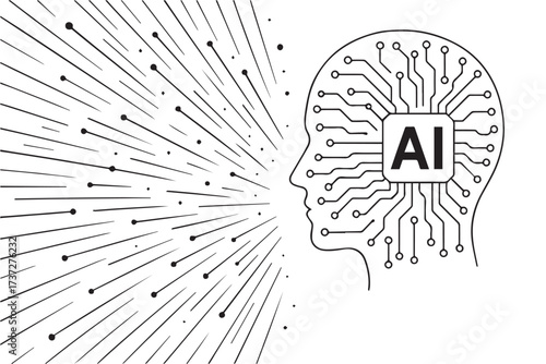 A vector artwork shows human head symbolizing artificial intelligence, representing endless information, designed in abstract black and white style, outlined in black.