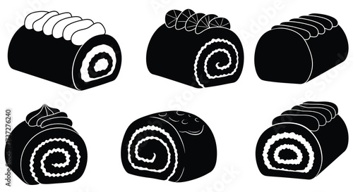 Black and white illustration depicting various rolled cake designs and textures
