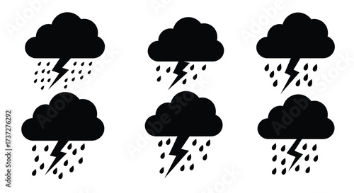 Black and white illustration of thunderstorm clouds with lightning and rain