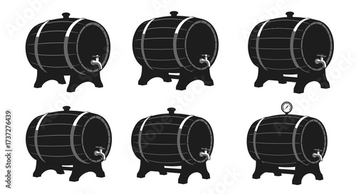 A collection of black silhouette wooden barrels with metal bands and spouts
