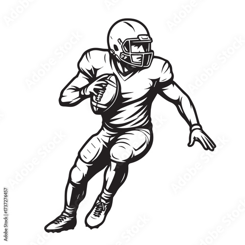 Black and white vector artwork depicts a professional American football athlete, highlighted with strong contrasting shades and clean solid black outline accents.
