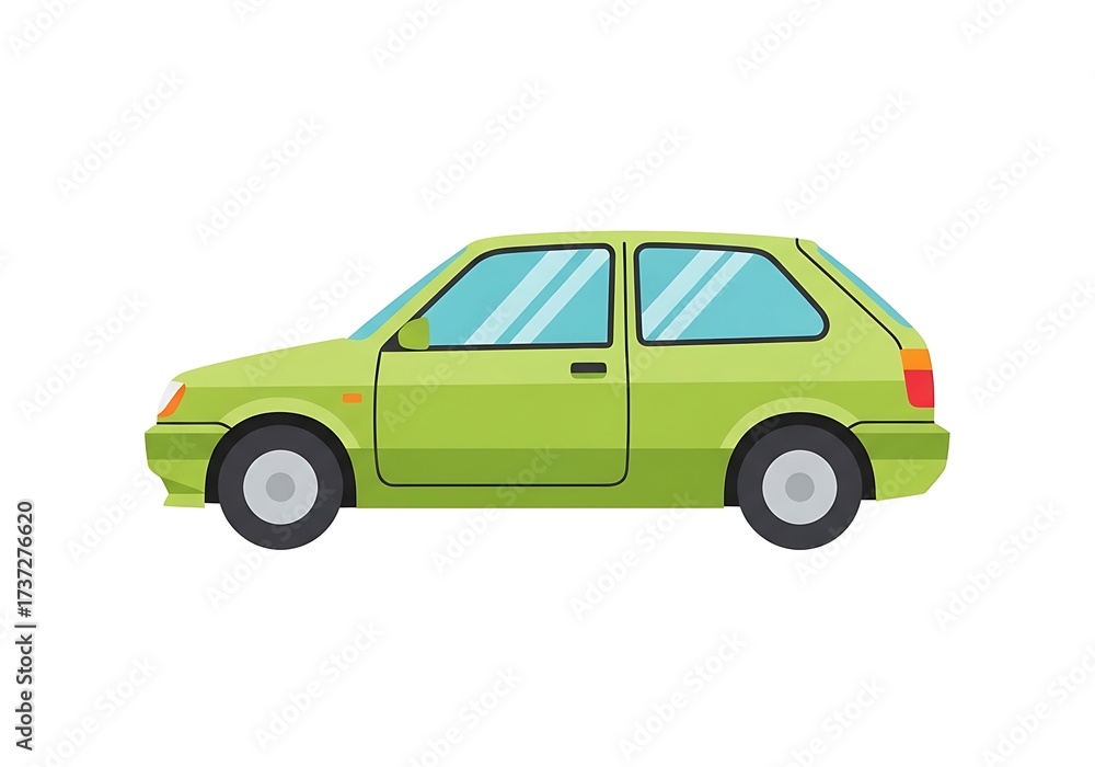 Naklejka premium A green hatchback car isolated on white background, its compact design vibrant color