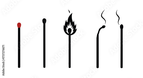 Five stages of a match burning from unlit to extinguished