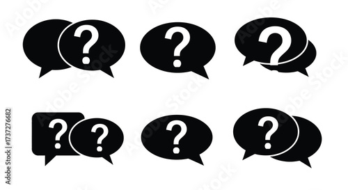 A collection of black question mark symbols in various speech bubble shapes