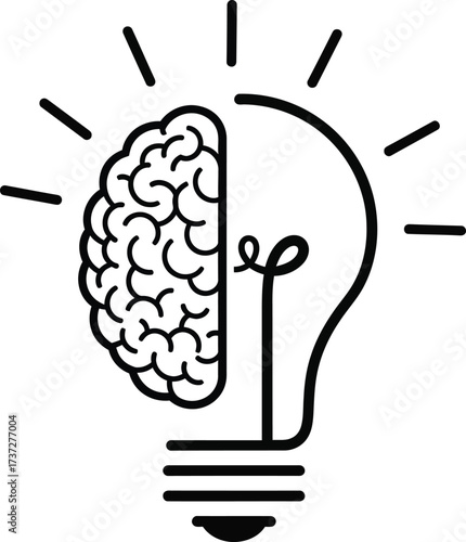 Line art with half brain, half lightbulb icon on transparent background, shining idea
