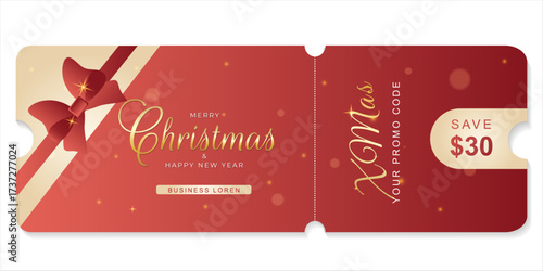 Holiday discount coupon for Christmas and New Year. Red background, gold lettering, and a gift bow. Perfect for promotions, sales, and gifts. Vector illustration.