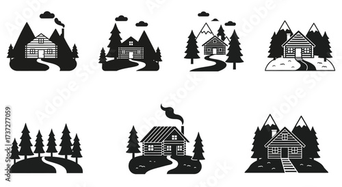Black and white illustrations of cozy cabins nestled among trees and mountains