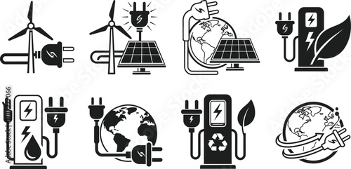 Line Icons Depicting Solar Panel, Globe, Charging Station, Windmill on White