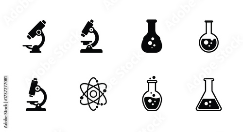 Collection of scientific laboratory equipment icons in simple black silhouette style