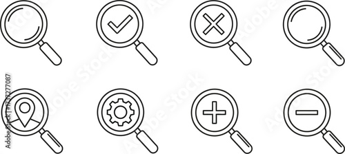 Magnifying Glass Icon Collection Check Mark, Cross, Gear, Map Pin, Plus, Minus Sign