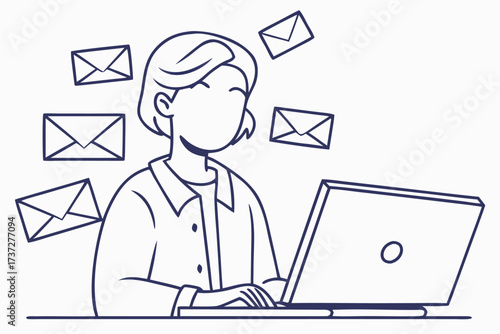 Woman at laptop surrounded by flying envelopes in a line drawing style computer typing