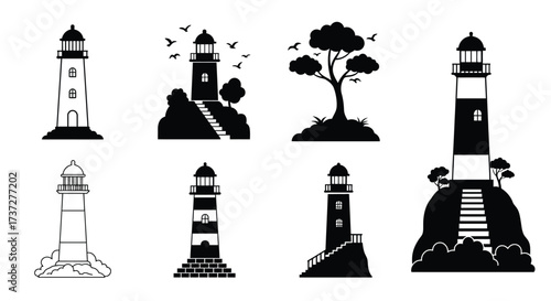 Collection of black and white lighthouse illustrations with varying designs